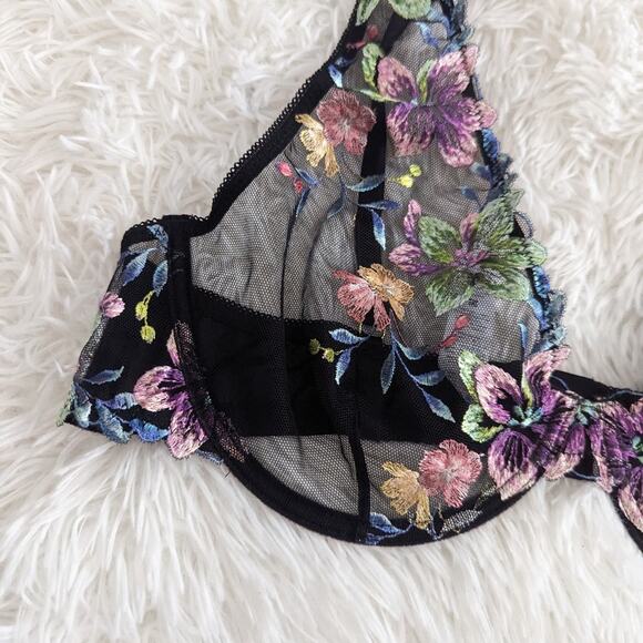 Women's Hanky Panky Large Black Sheer Bra Embroidered Flowers Sexy Valentine's - Picture 5 of 5